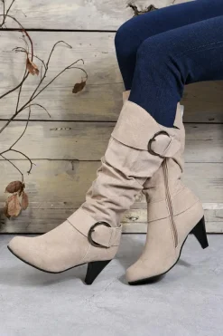 Hot Dear-Lover Dual Buckle Strap Side Zip Heeled Mid Calf Boots Beige