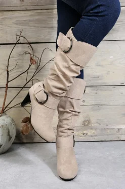 Hot Dear-Lover Dual Buckle Strap Side Zip Heeled Mid Calf Boots Beige