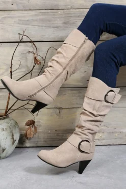 Hot Dear-Lover Dual Buckle Strap Side Zip Heeled Mid Calf Boots Beige