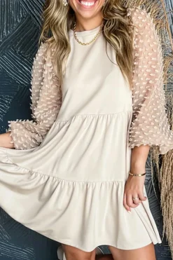 Fashion Dear-Lover Embellished Puff Sleeve Tiered A-line Dress Beige