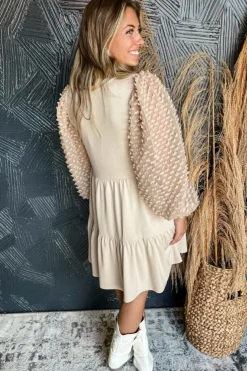Fashion Dear-Lover Embellished Puff Sleeve Tiered A-line Dress Beige