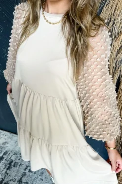 Fashion Dear-Lover Embellished Puff Sleeve Tiered A-line Dress Beige