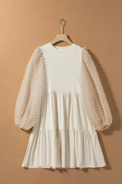 Fashion Dear-Lover Embellished Puff Sleeve Tiered A-line Dress Beige