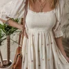 New Dear-Lover Embroidered Flower Smocked Bust Half Puff Sleeve Empire Waist Textured Flowy Dress Beige