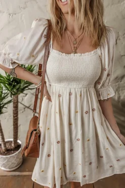 New Dear-Lover Embroidered Flower Smocked Bust Half Puff Sleeve Empire Waist Textured Flowy Dress Beige