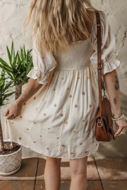 New Dear-Lover Embroidered Flower Smocked Bust Half Puff Sleeve Empire Waist Textured Flowy Dress Beige