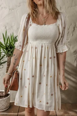 New Dear-Lover Embroidered Flower Smocked Bust Half Puff Sleeve Empire Waist Textured Flowy Dress Beige