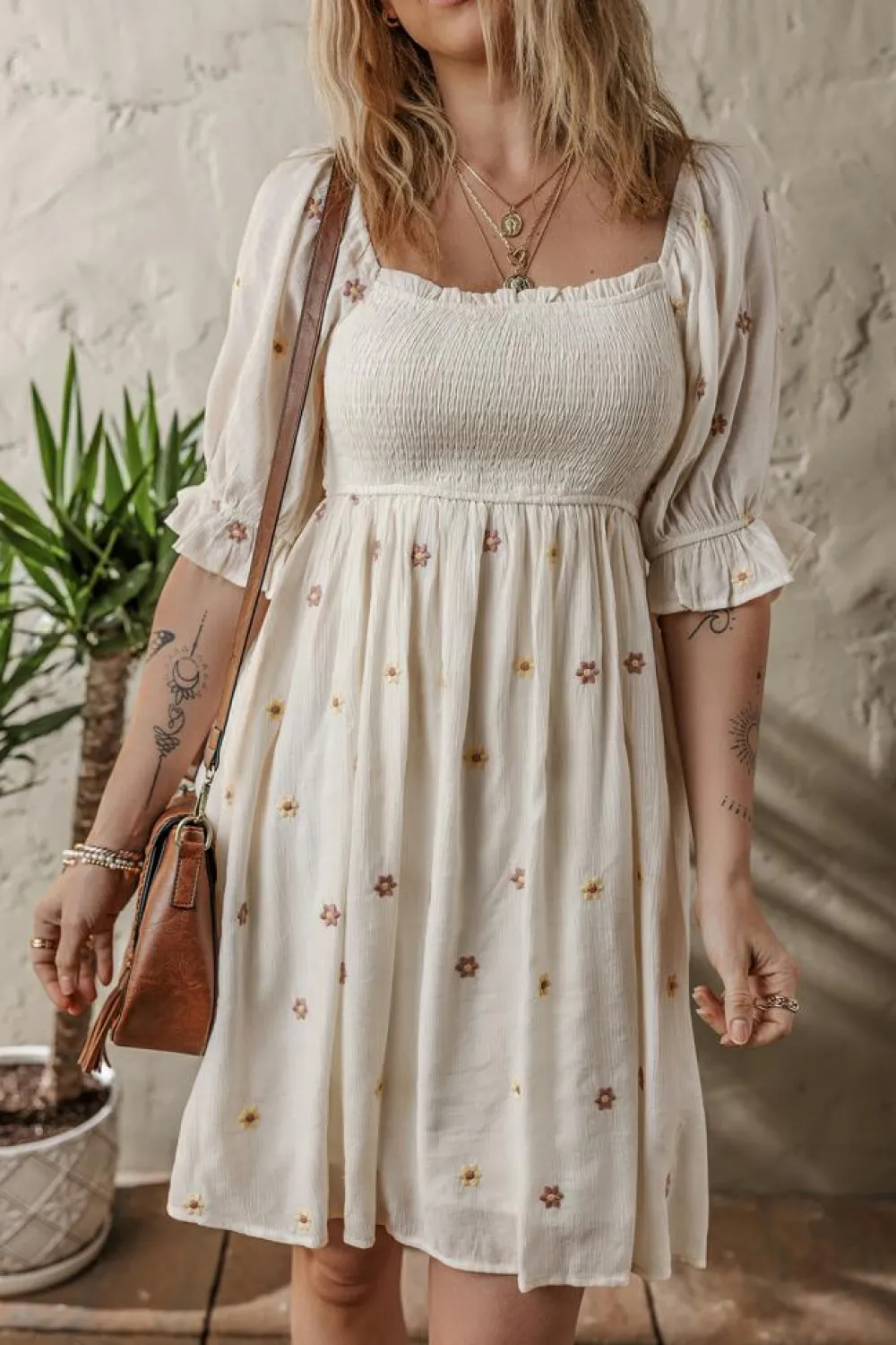 New Dear-Lover Embroidered Flower Smocked Bust Half Puff Sleeve Empire Waist Textured Flowy Dress Beige