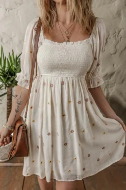 New Dear-Lover Embroidered Flower Smocked Bust Half Puff Sleeve Empire Waist Textured Flowy Dress Beige