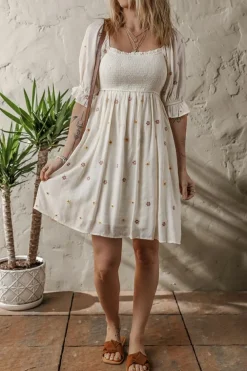 New Dear-Lover Embroidered Flower Smocked Bust Half Puff Sleeve Empire Waist Textured Flowy Dress Beige