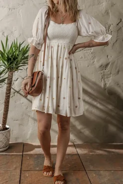 New Dear-Lover Embroidered Flower Smocked Bust Half Puff Sleeve Empire Waist Textured Flowy Dress Beige