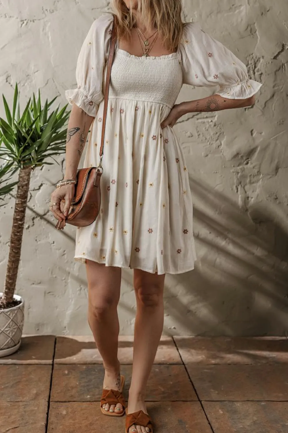New Dear-Lover Embroidered Flower Smocked Bust Half Puff Sleeve Empire Waist Textured Flowy Dress Beige