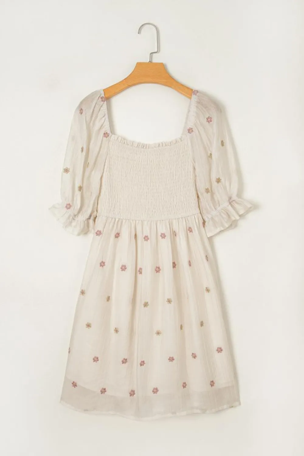 New Dear-Lover Embroidered Flower Smocked Bust Half Puff Sleeve Empire Waist Textured Flowy Dress Beige