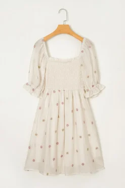 New Dear-Lover Embroidered Flower Smocked Bust Half Puff Sleeve Empire Waist Textured Flowy Dress Beige