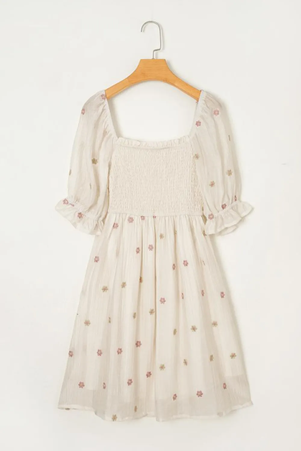 New Dear-Lover Embroidered Flower Smocked Bust Half Puff Sleeve Empire Waist Textured Flowy Dress Beige