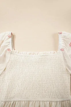 New Dear-Lover Embroidered Flower Smocked Bust Half Puff Sleeve Empire Waist Textured Flowy Dress Beige