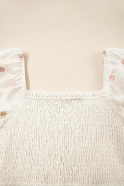 New Dear-Lover Embroidered Flower Smocked Bust Half Puff Sleeve Empire Waist Textured Flowy Dress Beige