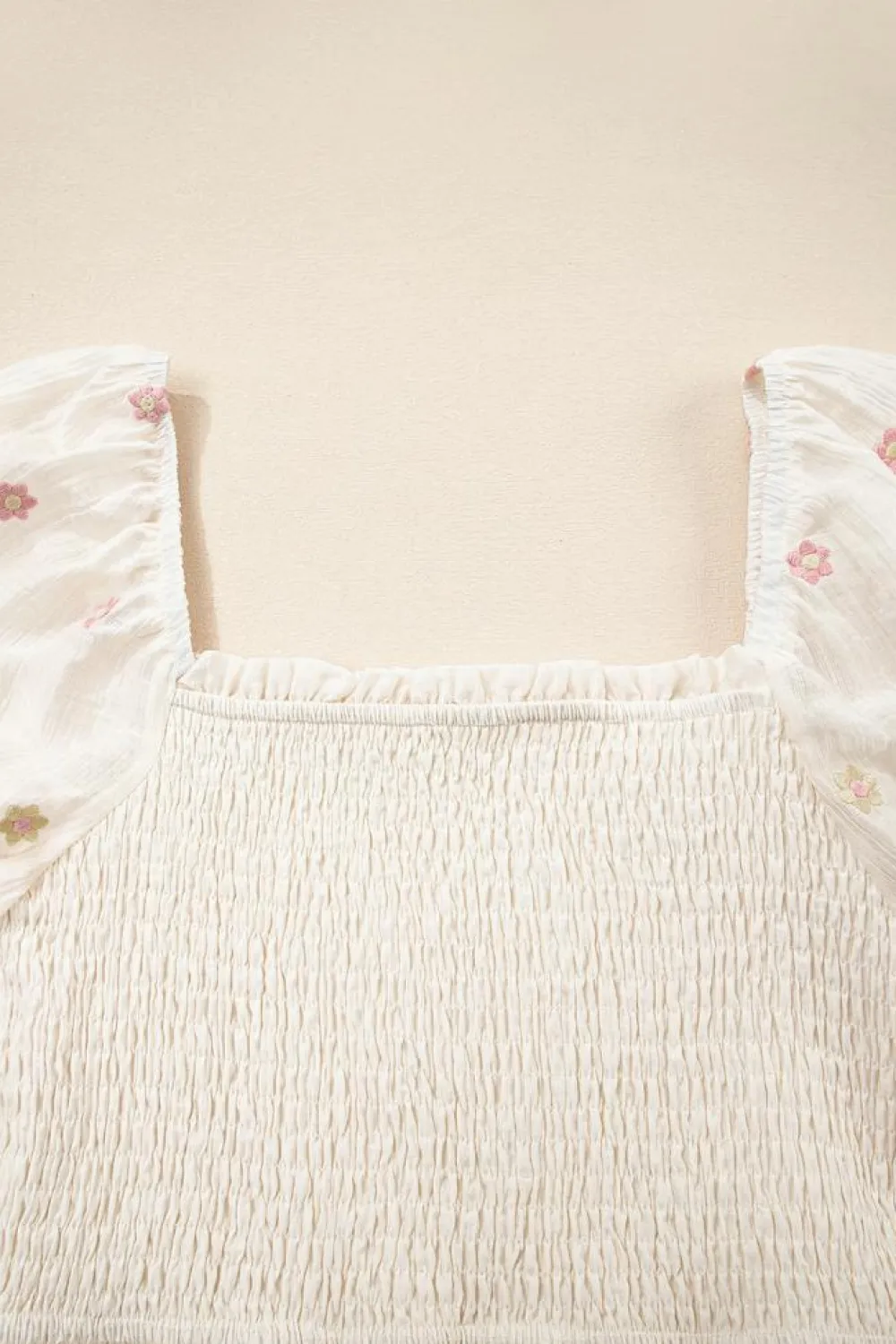 New Dear-Lover Embroidered Flower Smocked Bust Half Puff Sleeve Empire Waist Textured Flowy Dress Beige