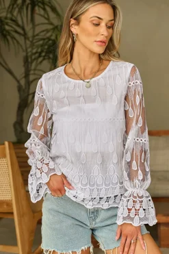 Online Dear-Lover Embroidered Mesh Flounce Sleeve Blouse Beige