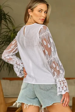 Online Dear-Lover Embroidered Mesh Flounce Sleeve Blouse Beige