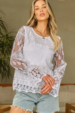 Online Dear-Lover Embroidered Mesh Flounce Sleeve Blouse Beige