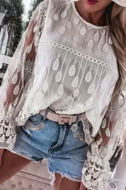 Online Dear-Lover Embroidered Mesh Flounce Sleeve Blouse Beige