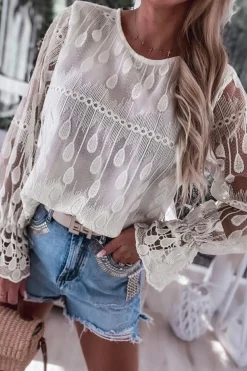 Online Dear-Lover Embroidered Mesh Flounce Sleeve Blouse Beige