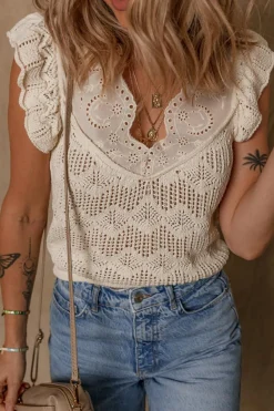 Clearance Dear-Lover Embroidered Patchwork Hollow Out Knitted Ruffle Sweater Vest Beige
