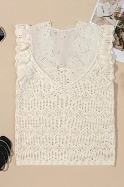 Clearance Dear-Lover Embroidered Patchwork Hollow Out Knitted Ruffle Sweater Vest Beige
