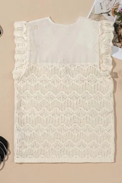 Clearance Dear-Lover Embroidered Patchwork Hollow Out Knitted Ruffle Sweater Vest Beige