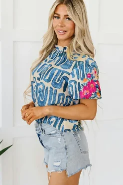 Best Dear-Lover Embroidered Puff Sleeve Frilled Neck Printed Top Beige