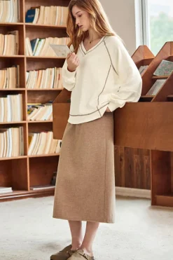 Hot Dear-Lover Exposed Seam Textured Knit V Neck Pullover Top Beige