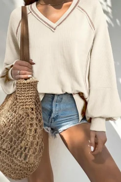 Hot Dear-Lover Exposed Seam Textured Knit V Neck Pullover Top Beige