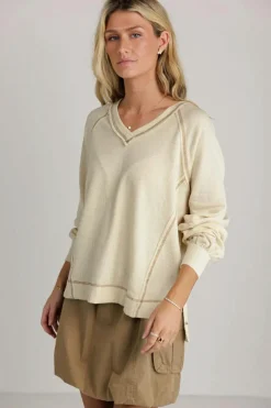 Hot Dear-Lover Exposed Seam Textured Knit V Neck Pullover Top Beige