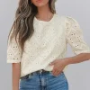 Clearance Dear-Lover Eyelet Embroidered Half Sleeve Casual Blouse Beige