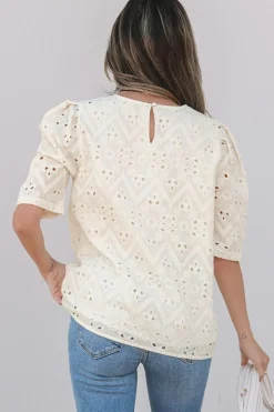 Clearance Dear-Lover Eyelet Embroidered Half Sleeve Casual Blouse Beige