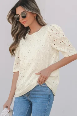 Clearance Dear-Lover Eyelet Embroidered Half Sleeve Casual Blouse Beige