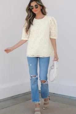 Clearance Dear-Lover Eyelet Embroidered Half Sleeve Casual Blouse Beige