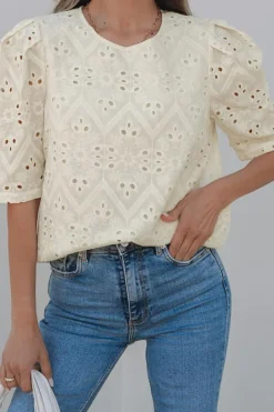 Clearance Dear-Lover Eyelet Embroidered Half Sleeve Casual Blouse Beige