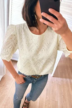 Clearance Dear-Lover Eyelet Embroidered Half Sleeve Casual Blouse Beige