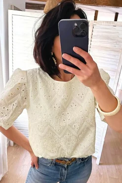 Clearance Dear-Lover Eyelet Embroidered Half Sleeve Casual Blouse Beige