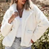 Sale Dear-Lover Faux Fur Button Pocketed Lapel Collar Jacket Beige