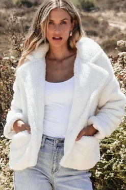 Sale Dear-Lover Faux Fur Button Pocketed Lapel Collar Jacket Beige