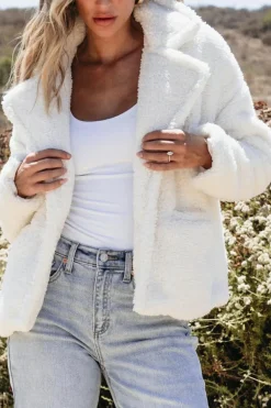 Sale Dear-Lover Faux Fur Button Pocketed Lapel Collar Jacket Beige