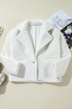 Sale Dear-Lover Faux Fur Button Pocketed Lapel Collar Jacket Beige