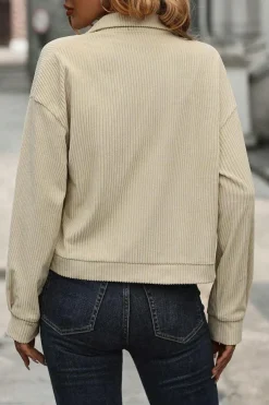Best Dear-Lover Flap Pockets Buttoned Turn Down Collar Corduroy Shacket Beige