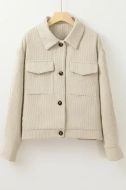 Best Dear-Lover Flap Pockets Buttoned Turn Down Collar Corduroy Shacket Beige