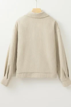 Best Dear-Lover Flap Pockets Buttoned Turn Down Collar Corduroy Shacket Beige