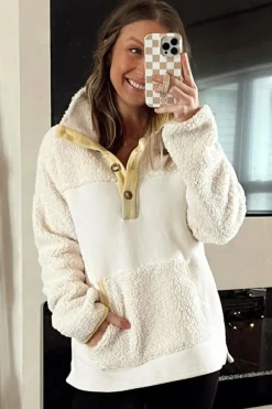 Clearance Dear-Lover Fleece Colorblock Trim Buttons Collar Sweatshirt with Pocket Beige