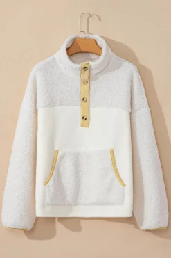 Clearance Dear-Lover Fleece Colorblock Trim Buttons Collar Sweatshirt with Pocket Beige